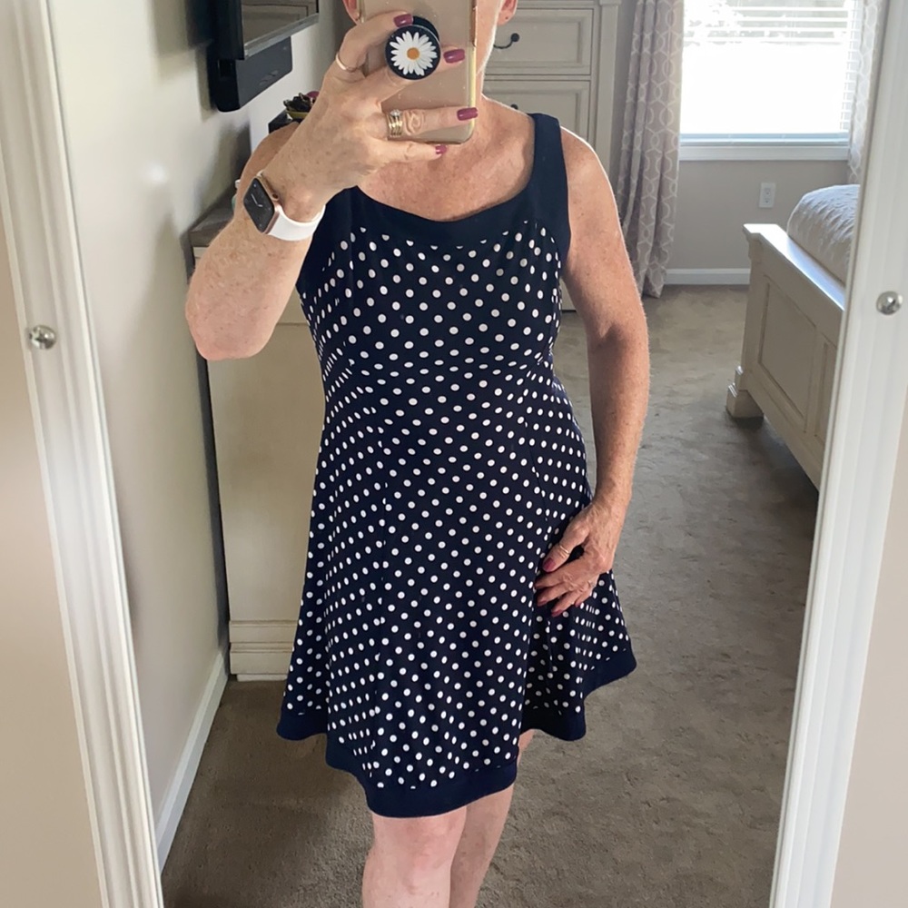 Chaps petite boat neck sleeveless polka dot summer dress - Picture 5 of 11